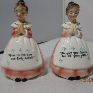 Vintage Enesco Praying Girls Ladies Salt & Pepper Pink Dresses. Give us This Day